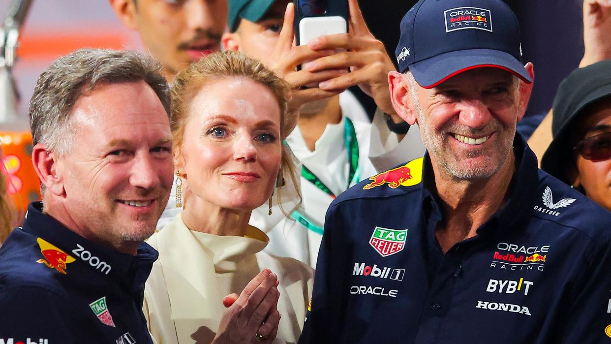 Christian Horner, Geri Horner and Adrian Newey smile after Red Bull's victory in the 2024 Saudi Arabian Grand Prix
