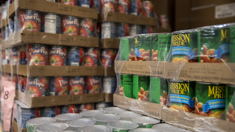 canned goods pallets stacked up