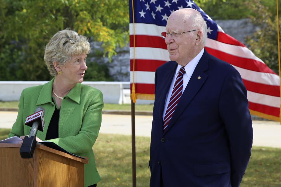 Robin Carnahan, the administrator of the U.S. General Services Administration, left, talks with U.S. Sen. Patrick Leahy, D-Vt., during a news conference, Wednesday Sept. 1, 2021, near the Canadian border in Highgate Springs, Vt. Carnahan and Leahy visited the port of entry with Canada to promote a $3 billion plan to build or modernize more than 30 land ports of entry across the U.S. (AP Photo/Wilson Ring)