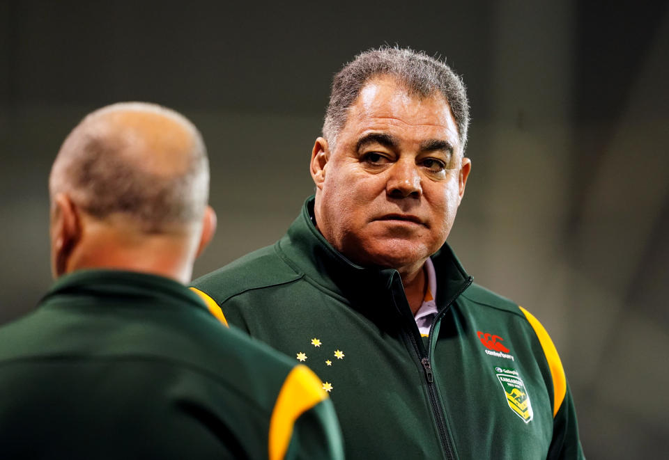 Seen here, Australia coach Mal Meninga looks on at the Rugby League World Cup in England.