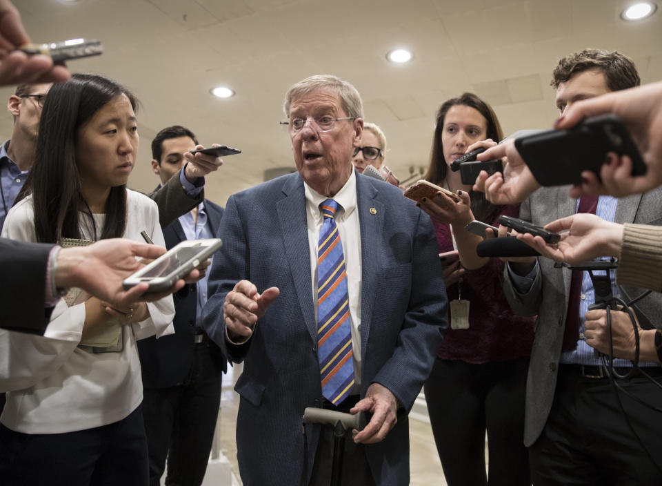 Sen. Johnny Isakson (R-Ga.), shown here taking questions from reporters at the Capitol in 2017, on Wednesday became of one of the very few prominent Republicans willing to directly scold President Donald Trump for continuing to lash out at the late Sen. John McCain (R-Ariz.) (Photo: ASSOCIATED PRESS)