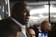 Apr 9, 2019; Los Angeles, CA, USA; Los Angeles Lakers president of basketball operations Magic Johnson speaks to the media before the game against the Portland Trail Blazers at Staples Center. Mandatory Credit: Richard Mackson-USA TODAY Sports