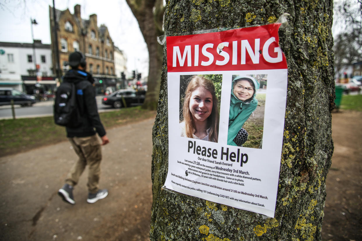 A poster appealing for information in Clapham, London, after Sarah Everard, 33, disappeared after leaving a friend's house last week. Picture Date: Monday March 8, 2021.