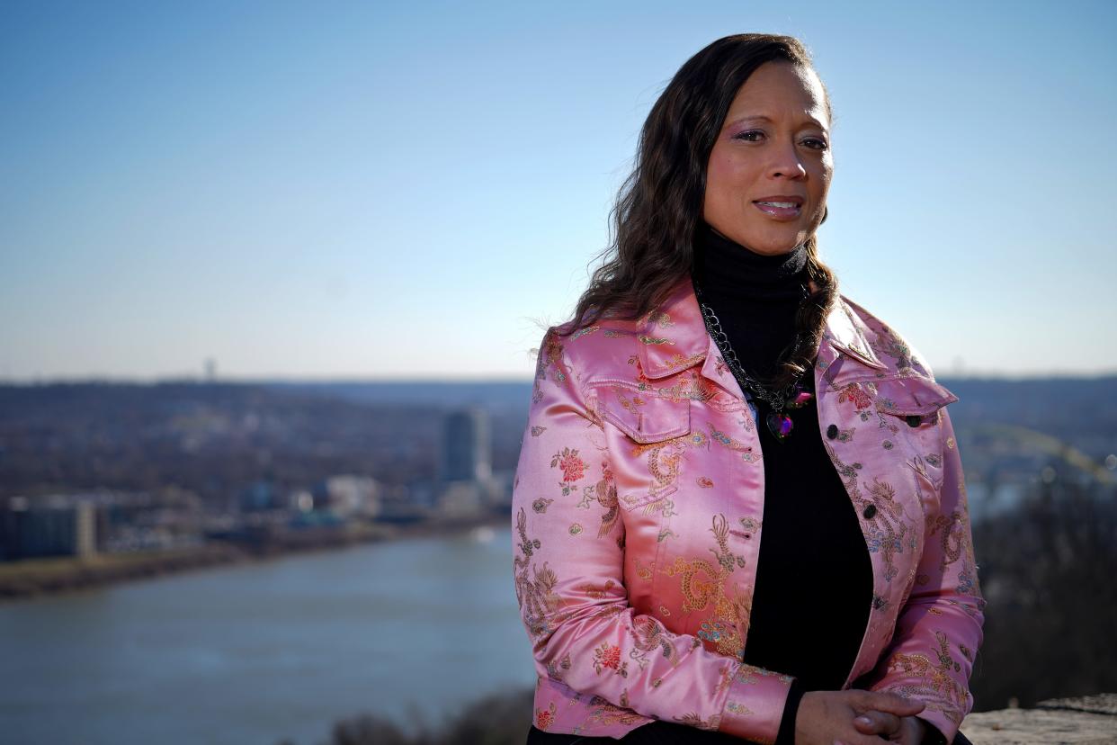 Lakeeta Cole, a former Cincinnati City councilwoman, sits for a portrait at Eden Park in 2023.