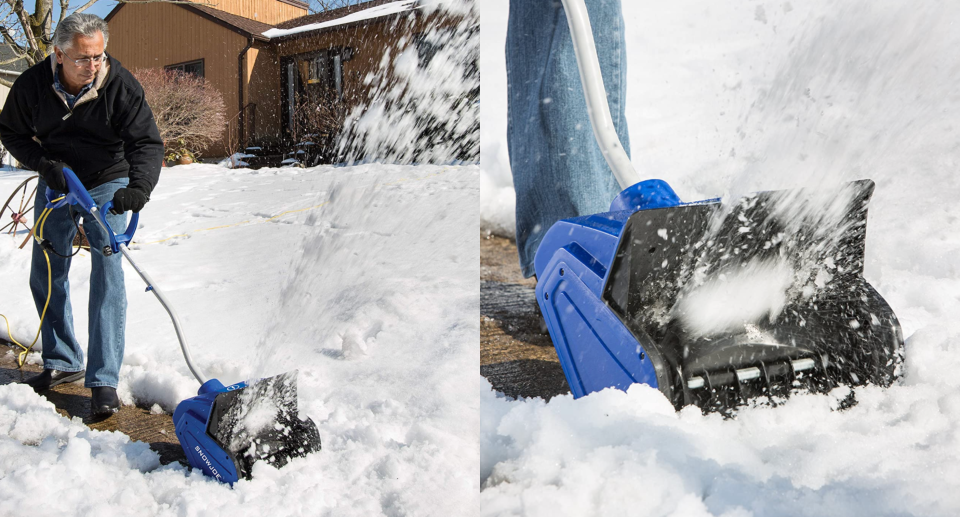 electric shovel, split screen of man using electric shovel on walkway and closeup of amazon canada Snow Joe 323E 13-Inch 10-Amp Electric Snow Shovel w/ 2-Blade Paddle Auger, Instant Start, Safety Switch