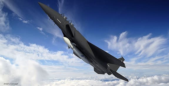 Artist's concept of the DARPA Airborne Satellite Launch Vehicle under an F-15E aircraft.