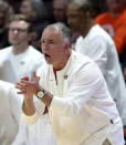 Virginia Tech coach Mike Young applauds during the first half against Cornell in an NCAA college basketball game Wednesday, Dec. 8 2021, in Blacksburg, Va. (Matt Gentry/The Roanoke Times via AP)