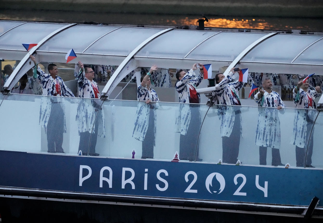 Athletes from Czech Republic's delegation sailing down River Seine. / Credit: DIMITAR DILKOFF/AFP via Getty Images