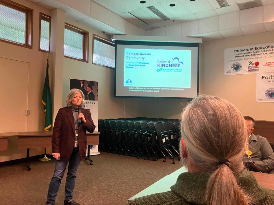 North Thurston Public Schools Superintendent Debra Clemens addresses a noon Friday community gathering about the special election on Feb. 13.