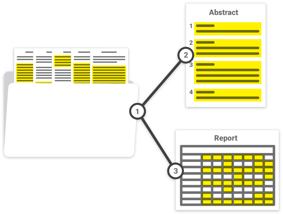 Illustration showing a document being turned into a report and a spreadsheet.