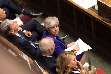 Britain’s Prime Minister Theresa May looks up during PMQ session in Parliament, in London, Britain, January 30, 2019. UK Parliament/Mark Duffy/Handout via REUTERS