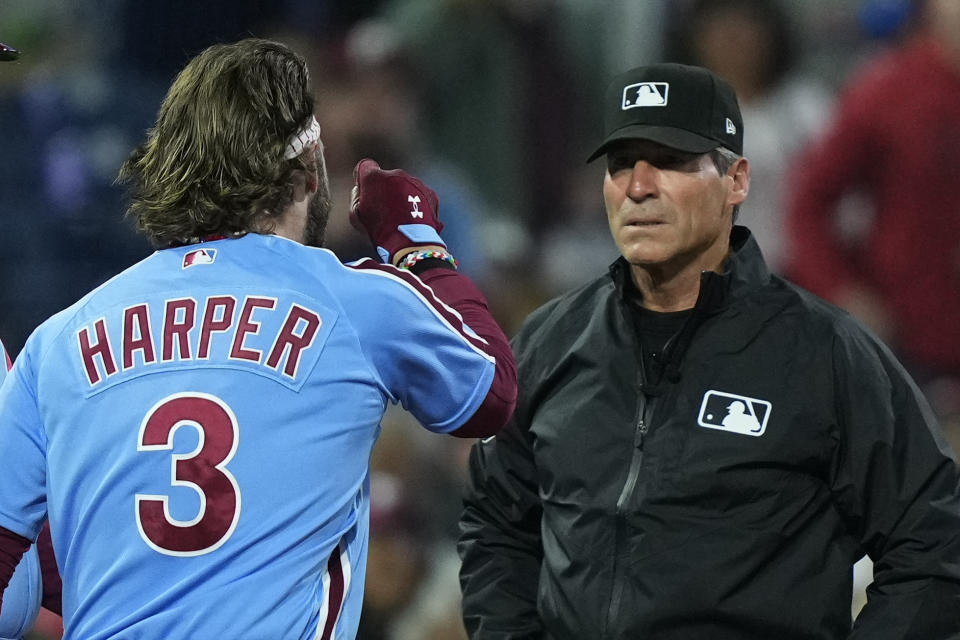 Philadelphia Phillies' Bryce Harper argues a call during the third inning of a baseball game against the Pittsburgh Pirates, Thursday, Sept. 28, 2023, in Philadelphia. (AP Photo/Matt Rourke)