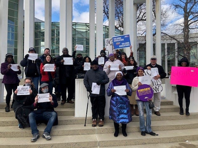 The Western Massachusetts Area Labor Federation rally in favor of student loan debt cancellation outside a federal courthouse in Springfield, Mass., in March, 2023