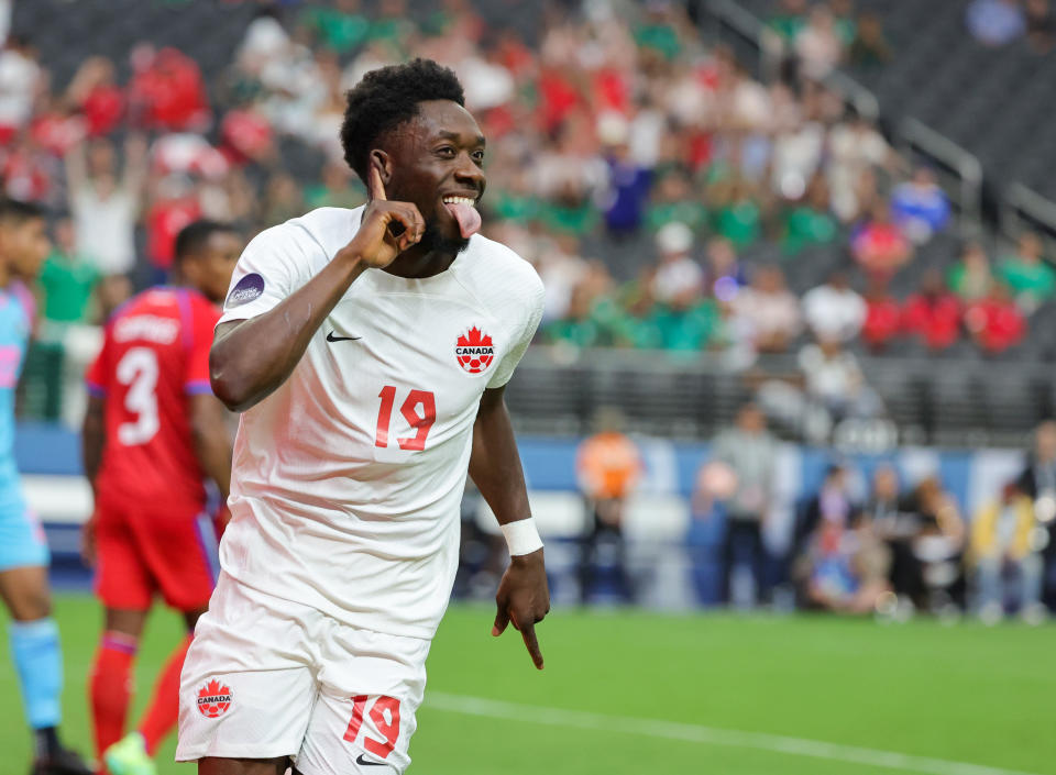 LAS VEGAS, NEVADA - JUNE 15: Alphonso Davies #19 of Canada reacts after scoring a goal against Panama in the second half of their game during the 2023 CONCACAF Nations League semifinals at Allegiant Stadium on June 15, 2023 in Las Vegas, Nevada.  Canada defeated Panama 2-0.  (Photo by Ethan Miller/Getty Images)