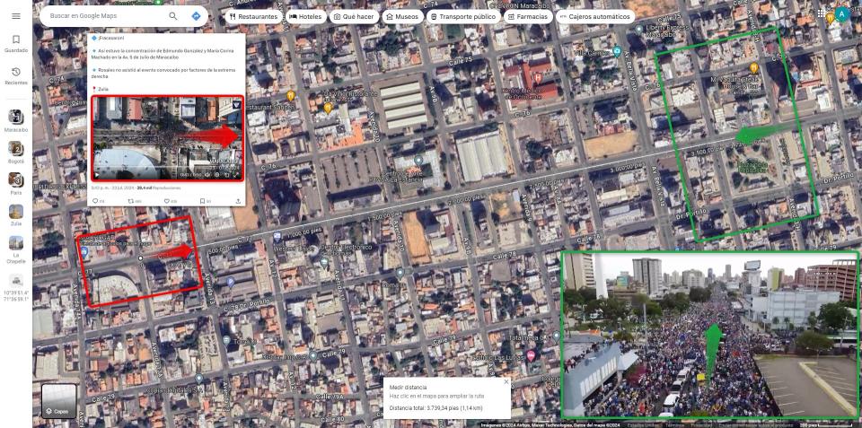 <span>Comparación entre la captura de una publicación en X (I) y un video de la caravana en Maracaibo con una ubicación en Google Maps, hecha el 25 de julio de 2024 </span>