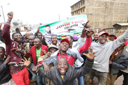 FILE PHOTO - Supporters of Igembe South parliamentary candidate John Paul Mwirigi gather at their constituency tallying centre in Maua Girls High School, in Maua, Kenya, August 9, 2017. REUTERS/Stringer