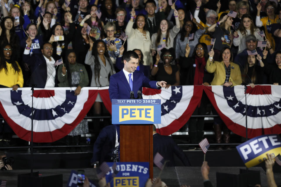 Democratic presidential candidate former South Bend, Ind., Mayor Pete Buttigieg speaks to supporters at a caucus night campaign rally, Monday, Feb. 3, 2020, in Des Moines, Iowa. (AP Photo/Charlie Neibergall)