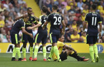 Football Soccer Britain - Watford v Arsenal - Premier League - Vicarage Road - 27/8/16 Arsenal's Alexis Sanchez celebrates scoring their second goal with team mates Reuters / Hannah McKay Livepic EDITORIAL USE ONLY. No use with unauthorized audio, video, data, fixture lists, club/league logos or "live" services. Online in-match use limited to 45 images, no video emulation. No use in betting, games or single club/league/player publications. Please contact your account representative for further details.