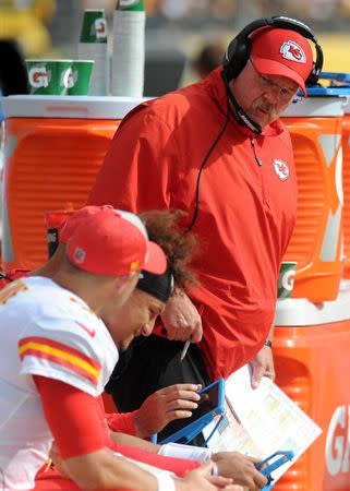 Sep 16, 2018; Pittsburgh, PA, USA; Kansas City Chiefs head coach Andy Reid looks down at quarterback Patrick Mahomes (15) during the fourth quarter against the Pittsburgh Steelers at Heinz Field. The Steelers lost 42-37. Mandatory Credit: Philip G. Pavely-USA TODAY Sports