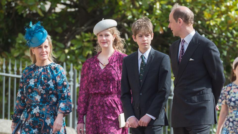 Lady Louise Windsor arriving at church with parents and brother