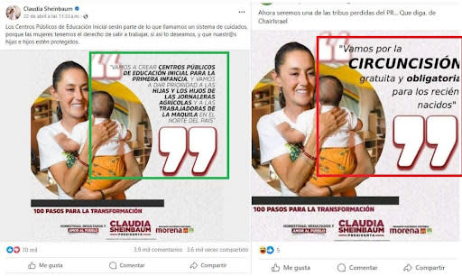 <span>Comparación entre capturas de pantalla de la publicación de Claudia Sheinbaum en Facebook (I) y otra entrada en esa misma red social, hecha el 3 de mayo de 2024</span>
