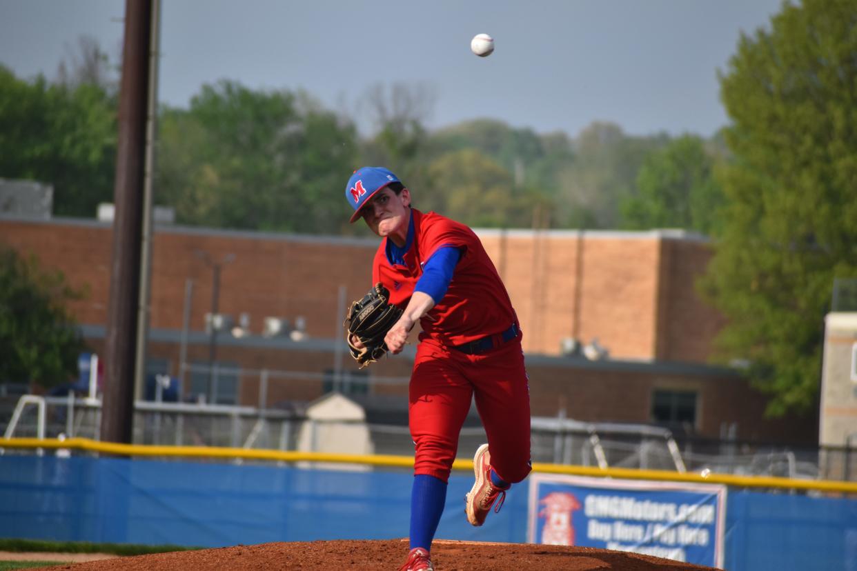 Martinsville's Kevin Reed releases a pitch during the Artesians' game with Decatur Central on May 10, 2022.