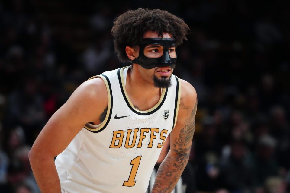 Mar 3, 2024; Boulder, Colorado, USA; Colorado Buffaloes guard J'Vonne Hadley (1) duringthe first half against the Stanford Cardinal at the CU Events Center.