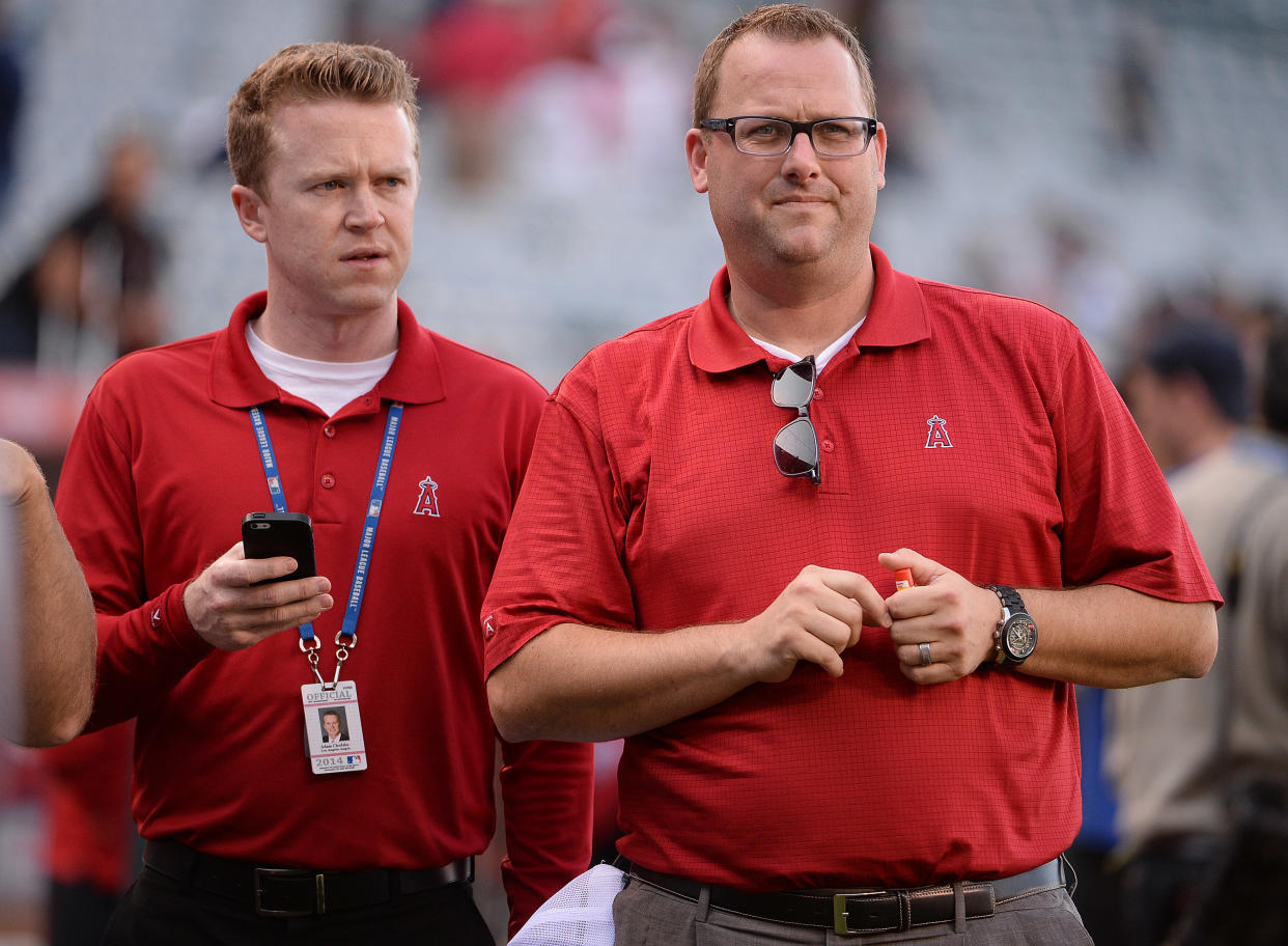 ANAHEIM, CA - MAY 7: Los Angeles Angels Director, Communications, Eric Kay, right, with Media Relations Representative Adam Chodzko prior to a baseball game against the New York Yankees on Wednesday, May 7, 2014 at Anaheim Stadium in Anaheim, California. (Photo by Keith Birmingham/MediaNews Group/Pasadena Star-News via Getty Images)