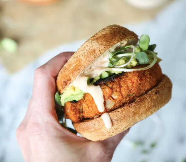 <strong>Get the <a href="https://feedmephoebe.com/cauliflower-sweet-potato-burgers-avocado-sriracha-aioli-vegetarian-paleo/" target="_blank" rel="noopener noreferrer">Cauliflower Sweet Potato Burgers</a> recipe from Feed Me Phoebe</strong>