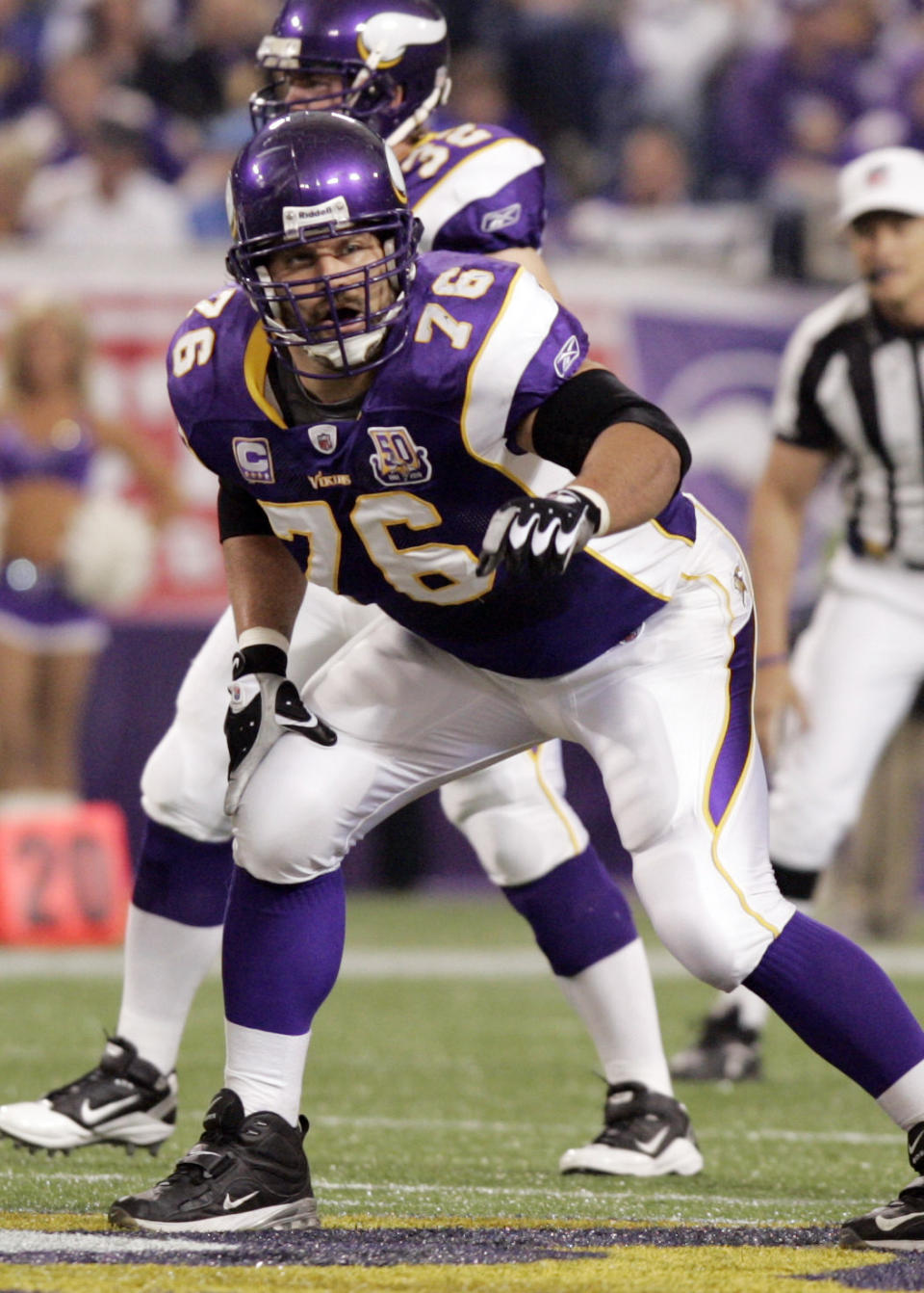 FILE - Minnesota Vikings guard Steve Hutchinson (76) lines up for a play against the Detroit Lions during an NFL football game in Minneapolis, in this Sept. 26, 2010, file photo. Hutchinson set a lot of the standards for NFL guards during his 12-season career spent primarily with the Seattle Seahawks and Minnesota Vikings. After a one-year wait due to the COVID-19 pandemic, Hutchinson will be inducted this weekend into the Pro Football Hall of Fame. (AP Photo/Andy Blenkush, File)