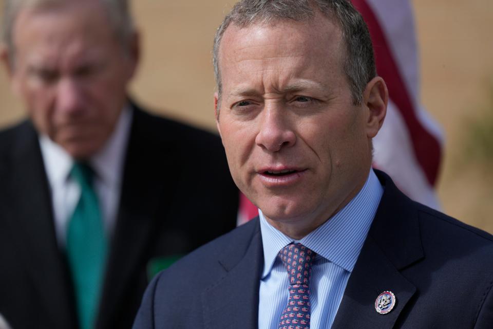 U.S. Congressman Josh Gottheimer along with local leaders from various municipalities announces new legislation to improve pedestrian safety at a press conference in front of an elementary school in Ridgewood, NJ on Tuesday March 26, 2024.