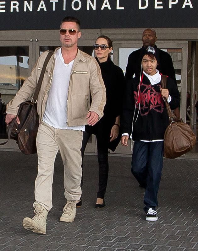 Brad, Angelina and Maddox. Source: Getty