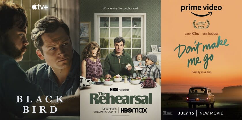 En esta combinación de fotos, el arte promocional de "Black Bird", una serie que se estrena en Apple TV+; "The Rehearsal", una serie que debuta en HBO Max, y "Don't Make Me Go", una película que llega a Prime Video, el 15 de julio. (Apple TV+/HBO Max/Prime Video vía AP)