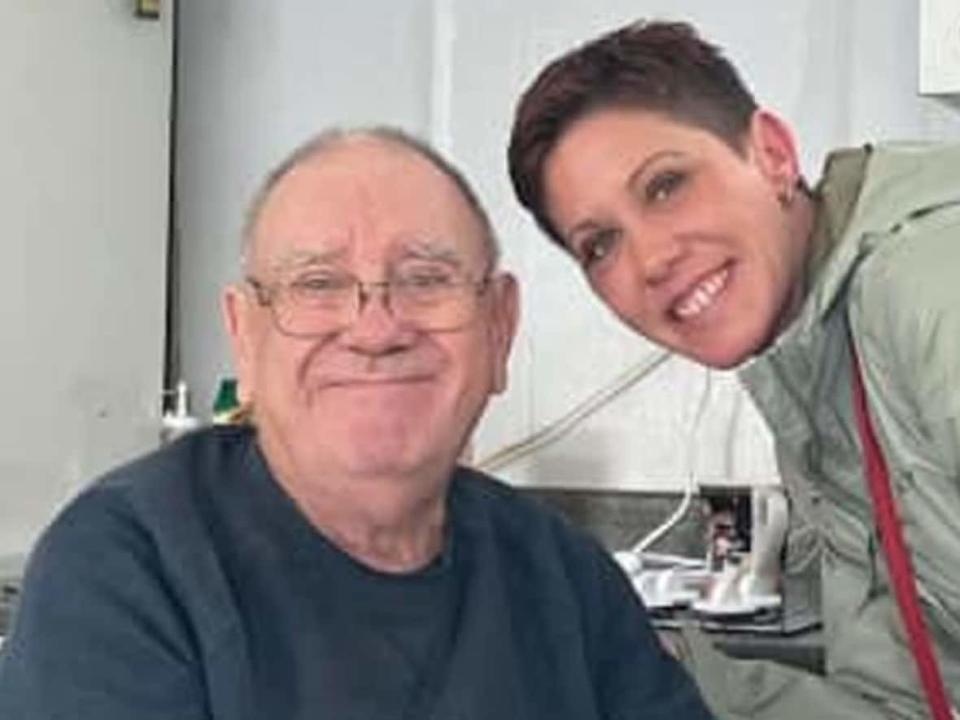 Brian Ahern, 76, of Miramichi, pictured here with his daughter, Patricia Doiron, has been missing since April 29. The father of three and grandfather of four has Alzheimer's. (Miramichi Police Force - image credit)