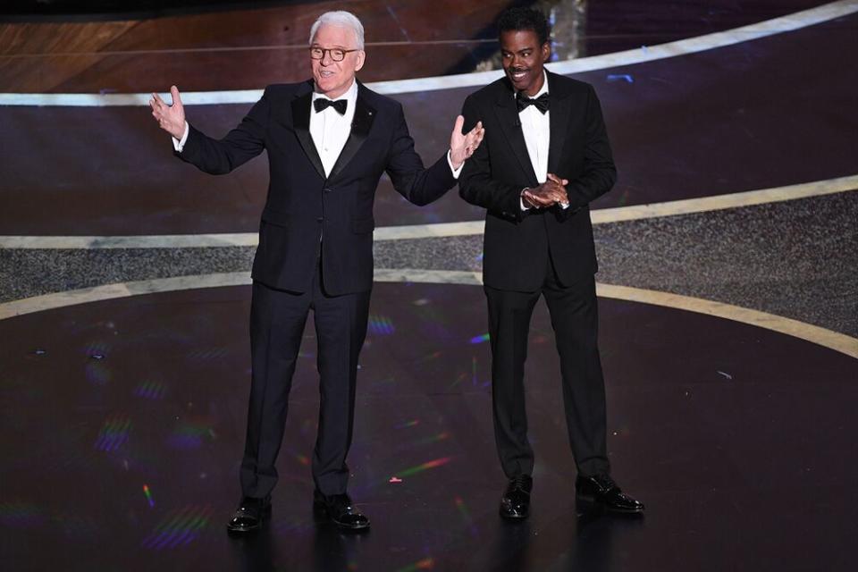 Steve Martin on stage at the 2020 Academy Awards with Chris Rock | Kevin Winter/Getty