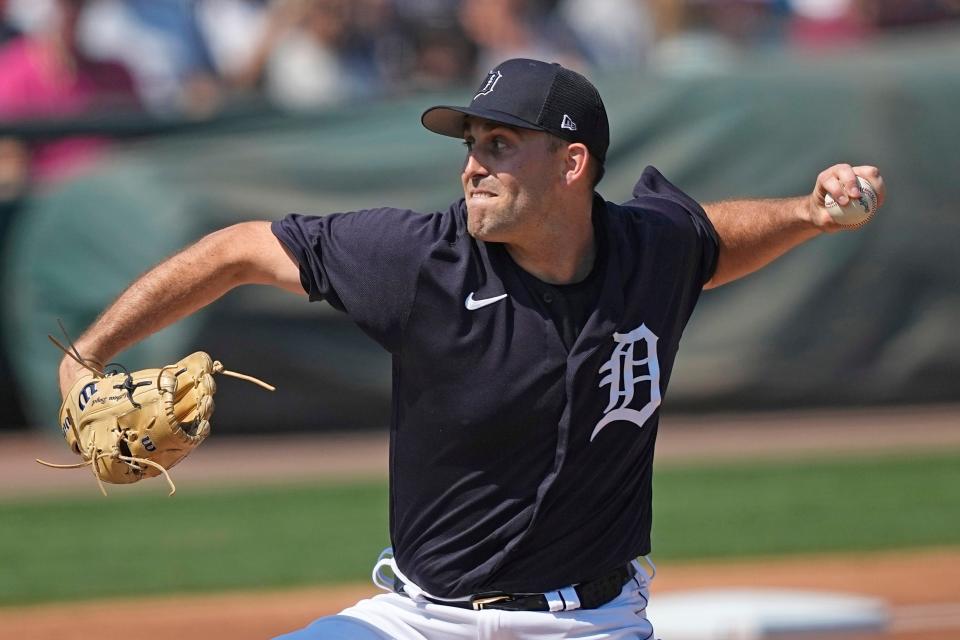 Detroit Tigers starting pitcher Matthew Boyd throws against the Baltimore Orioles during the first inning of a spring training baseball game Thursday, March 2, 2023, in Lakeland, Fla.