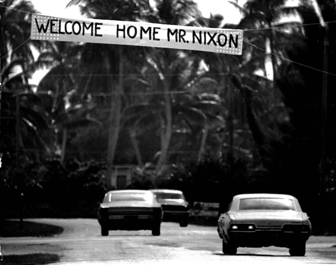 A welcome sign for President Nixon on Key Biscayne in 1968.