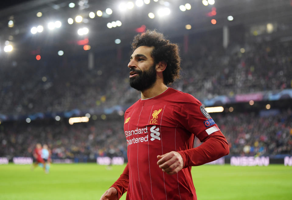 SALZBURG, AUSTRIA - DECEMBER 10: Mohamed Salah of Liverpool celebrates after he scores his team's second goal  during the UEFA Champions League group E match between RB Salzburg and Liverpool FC at Red Bull Arena on December 10, 2019 in Salzburg, Austria. (Photo by Michael Regan/Getty Images)