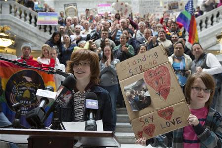 Brothers Riley (L) and Casey Hackford-Peer speak during a rally supporting same-sex marriage at the state capitol in Salt Lake City, Utah January 9, 2014. The boy's mothers Kim and Ruth were married on December 20, 2013. REUTERS/Sallie Dean Shatz