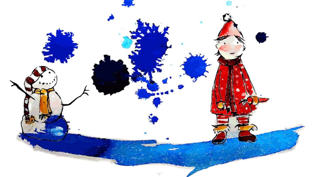 watercolor illustration young girl making a snowman during a snowfall