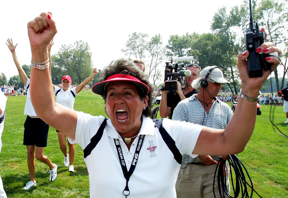 Captain Nancy Lopez celebrates after the USA won the 2005 Solheim Cup at Crooked Stick Golf Club in Carmel, Indiana. (Photo: Andy Lyons/Getty Images)