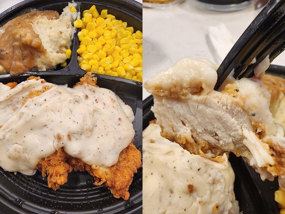 Fried chicken, mashed potatoes, and corn from Cracker Barrel; Piece of fried chicken on a fork