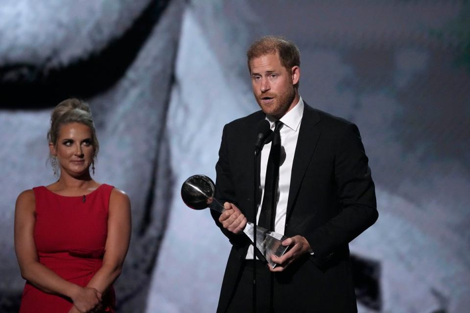 Prince Harry speaks after receiving the Pat Tillman Award For Service at the ESPY Awards. (AP)