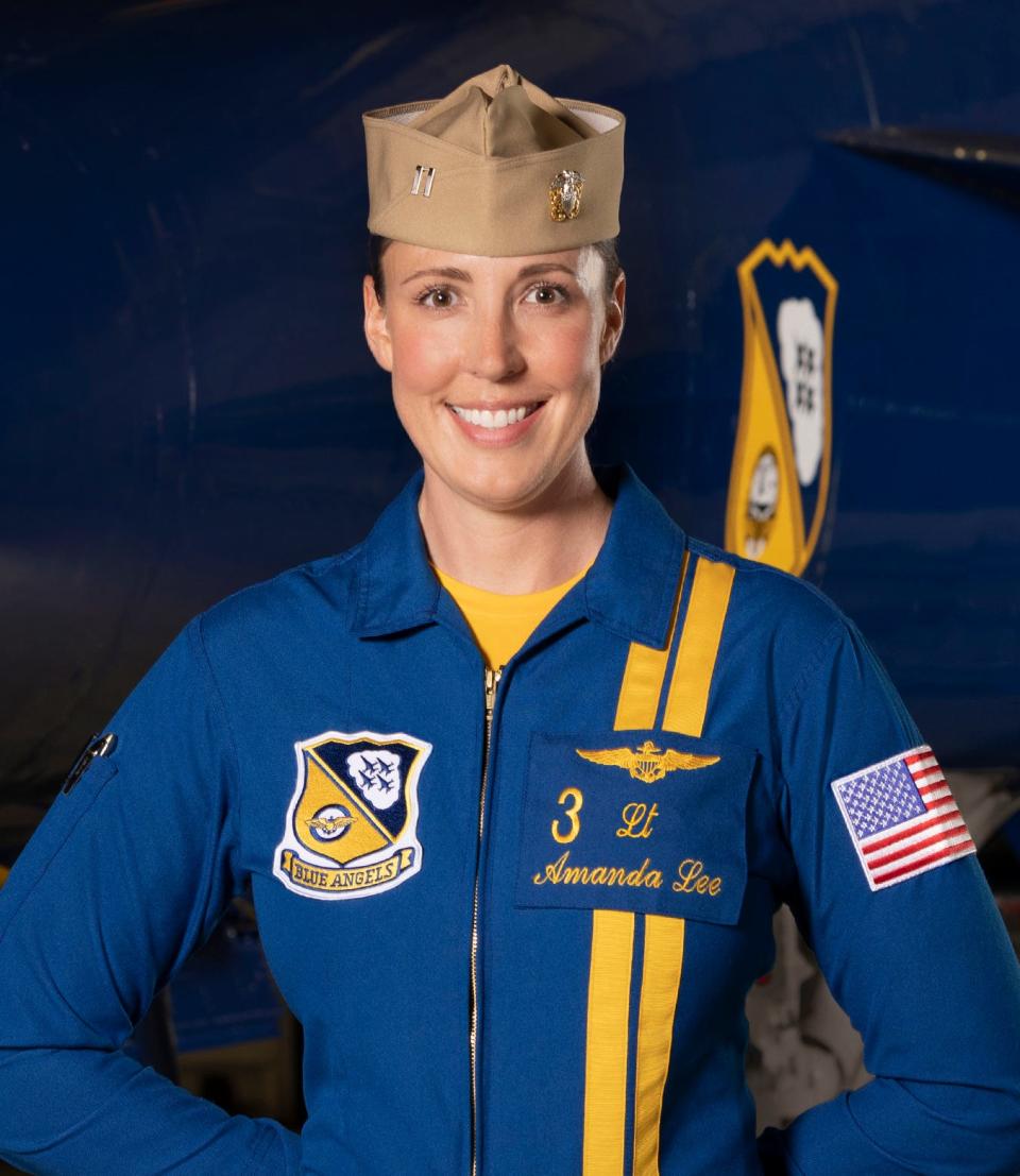 Lieutenant Amanda Lee is the left wing and the pilot of the No. 3 jet for the 2023 Blue Angels team.