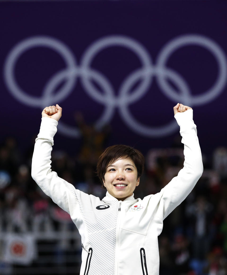 <p>Gold medalist and new Olympic record holder Japan’s Nao Kodaira celebrates on the podium after the Women’s 500m Speed Skating at the 2018 Winter Olympics on Feb. 18, 2018.<br>(AP Photo/Vadim Ghirda) </p>