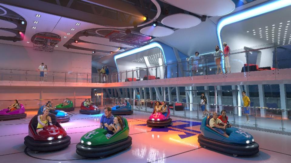 This computer-generated image provided by the Royal Caribbean International cruise line shows a bumper car attraction planned for the forthcoming ship, Quantum of the Seas. The ship will offer a number of innovative features that are the first-ever for the cruise industry, including The North Star, an observation capsule on a movable arm that will offer a bird’s eye view from 300 feet above the water and a bumper car arena. The ship is expected to launch in November 2014 and will homeport from Bayonne, N.J. (AP Photo/Royal Caribbean International)