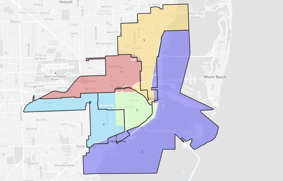 This map shows all three versions of Miami district maps used since 2022. The colored portions highlight the boundaries in a proposed settlement to the ACLU lawsuit. The black lines show the boundaries that were in place in 2022, which prompted the lawsuit, and the white lines represent the boundaries the commission passed in June 2023 that a judge approved to use for the 2023 election. Commissioner Joe Carollo's home is shown in the purple section of the proposed new map.