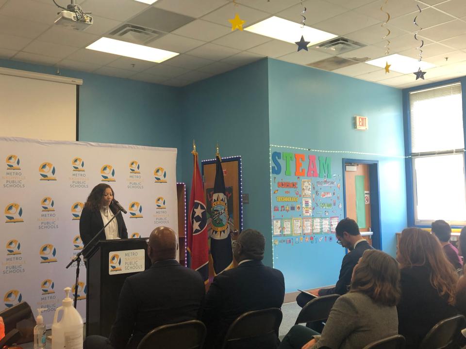 Metro Nashville Public Schools Director Adrienne Battles speaks at an event at Ida B. Wells Elementary School in Nashville, Tenn., on Tuesday, Feb. 13, 2024.