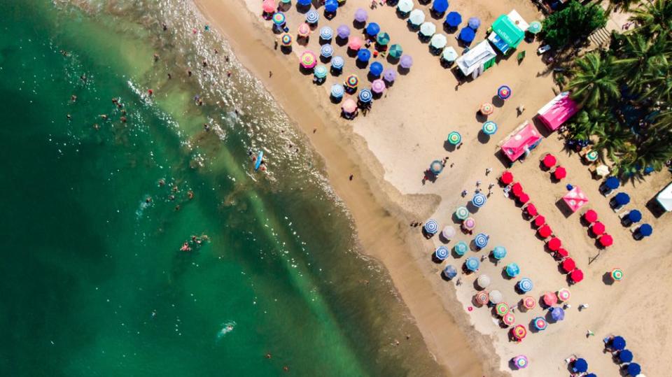 Aerial drone top view of Sayulita Beach in Nayarit, Mexico.