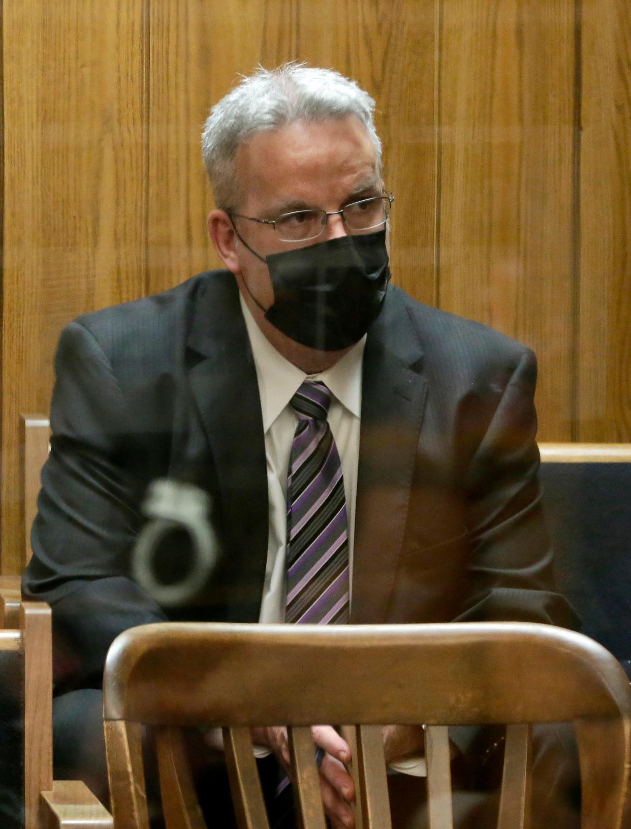 Marion County Judge Jason Warner sits in court before being sentenced, along with his wife Julia Warner, to two years in prison Thursday, April 14, 2021, by Judge Patricia Cosgrove in the Marion County Court of Common Pleas for a June 2020 hit and run that injured a 19-year-old man 2020.Judge Jason Warner was found guilty of complicity to leaving the scene of an accident, a felony of the fourth degree, and complicity to tampering with evidence, a felony of the third degree. Wife Julia Warner, the driver of the vehicle, was found guilty of two counts of misdemeanor negligent assault, complicity to leaving the scene of an accident and complicity to tampering with evidence.